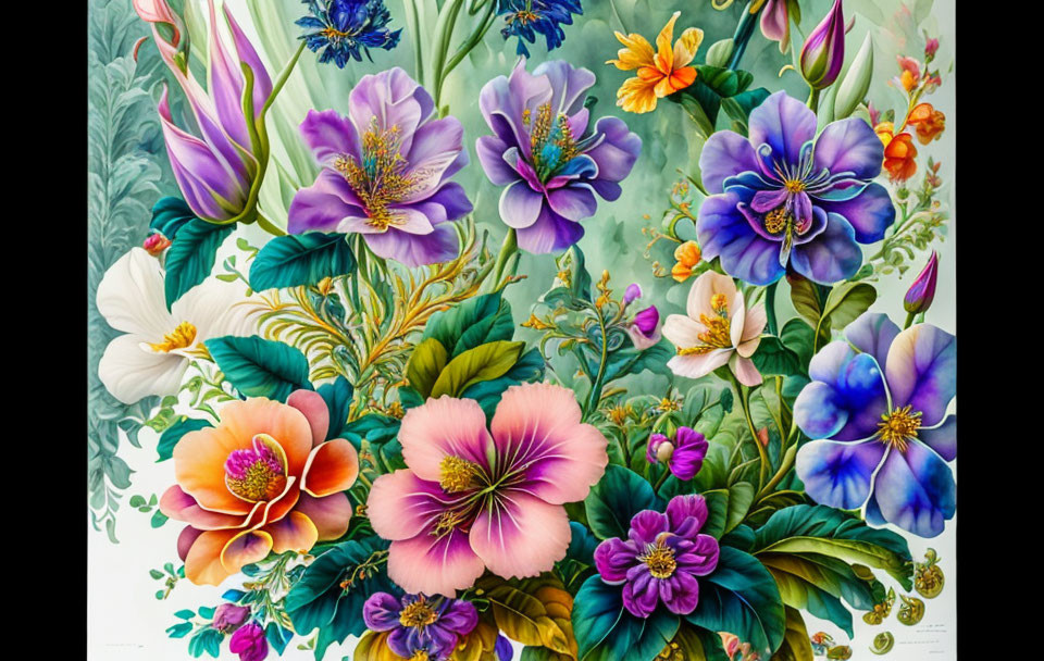 Vibrant botanical illustration with purple, pink, and orange flowers