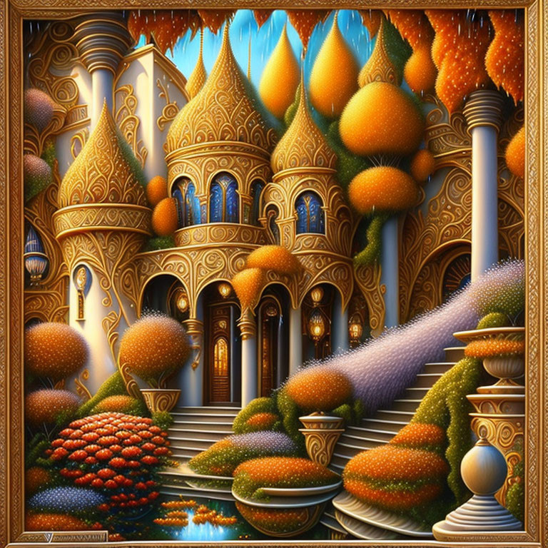 Fantasy palace with golden domes and lush gardens