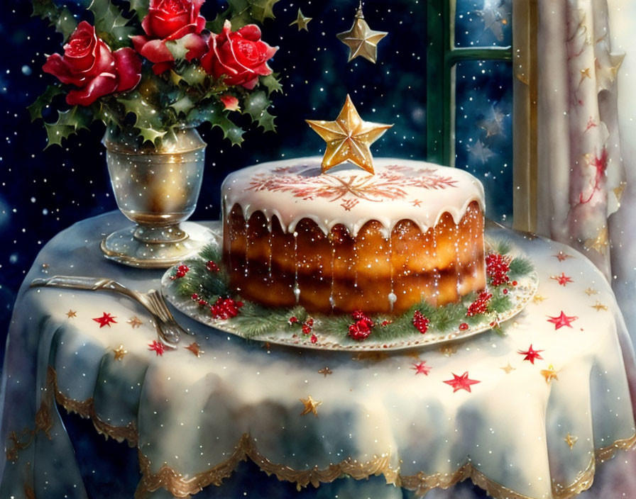 Festive cake with star topper on holly tablecloth by window with night view