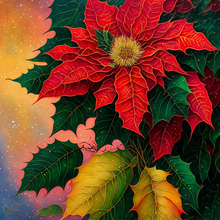 Colorful poinsettia painting with red and green leaves on starry background