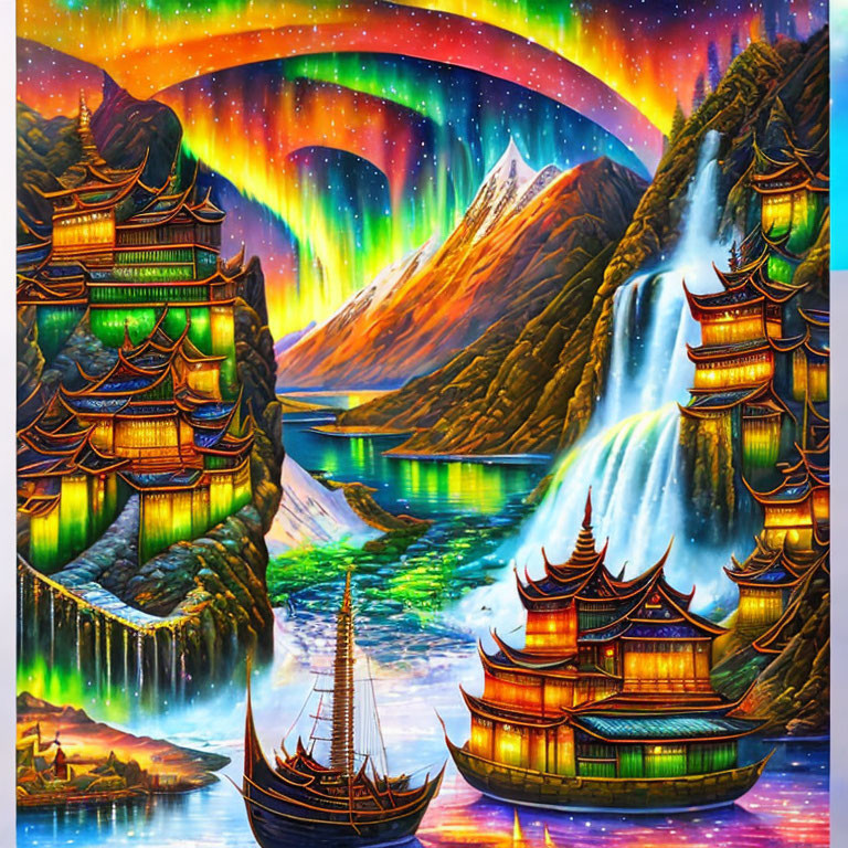 Fantasy landscape with Asian-style buildings, waterfall, aurora sky, and boats