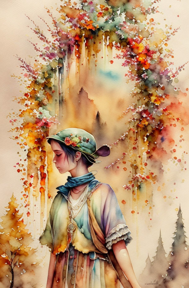 Profile of Woman with Floral Hat in Watercolor Painting Amid Autumn Forest