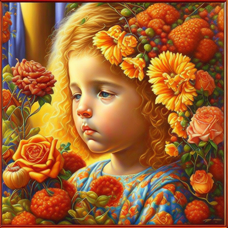 Vivid painting of young girl with blond hair in floral setting