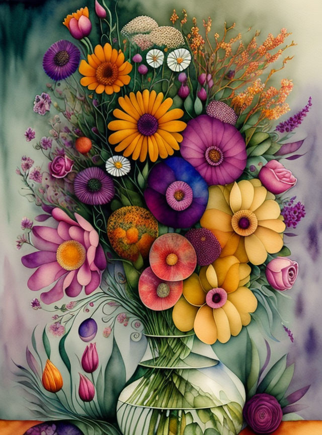 Vibrant bouquet of purple, yellow, and pink flowers in white vase