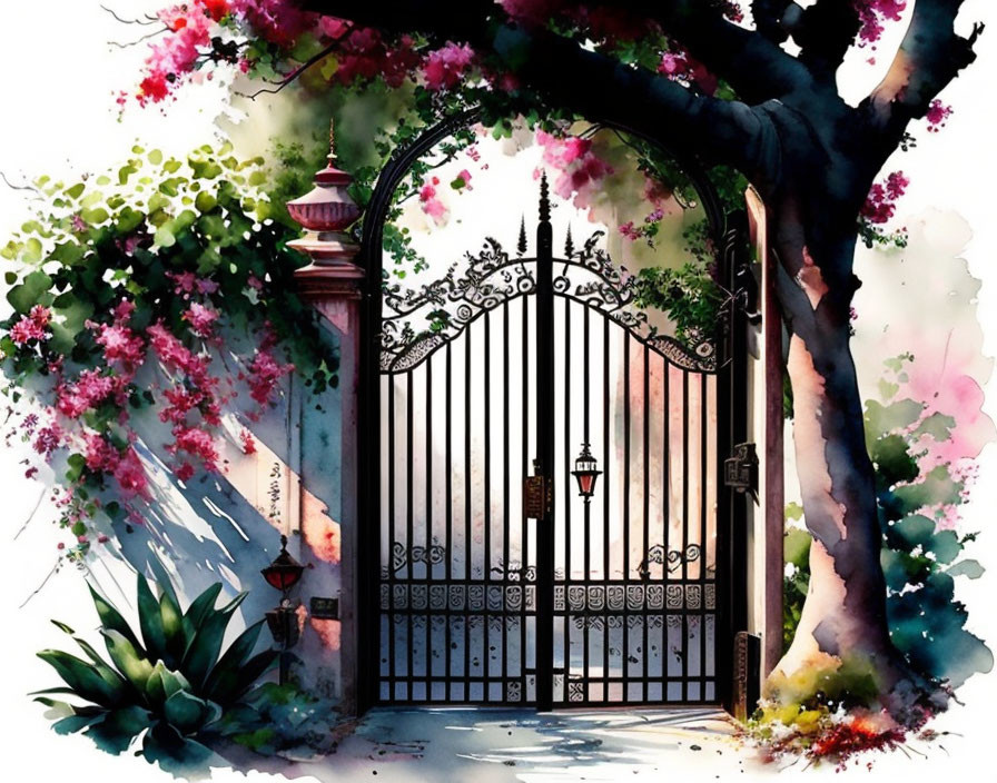 Romantic garden scene with wrought iron gate, blooming tree, vintage street lamp