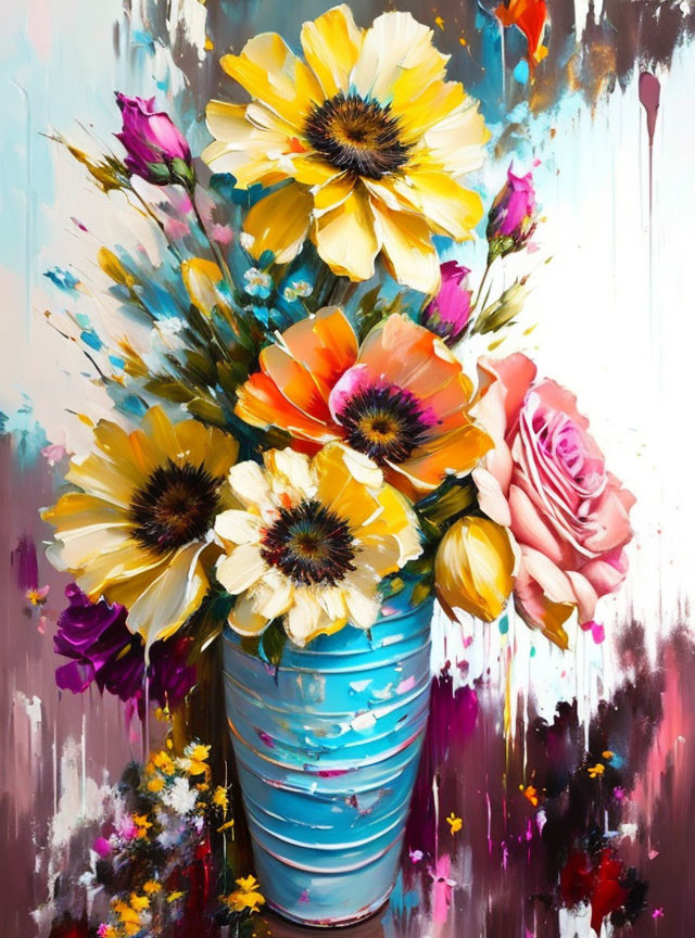 Vivid Flower Bouquet in Blue Striped Vase on Abstract Background