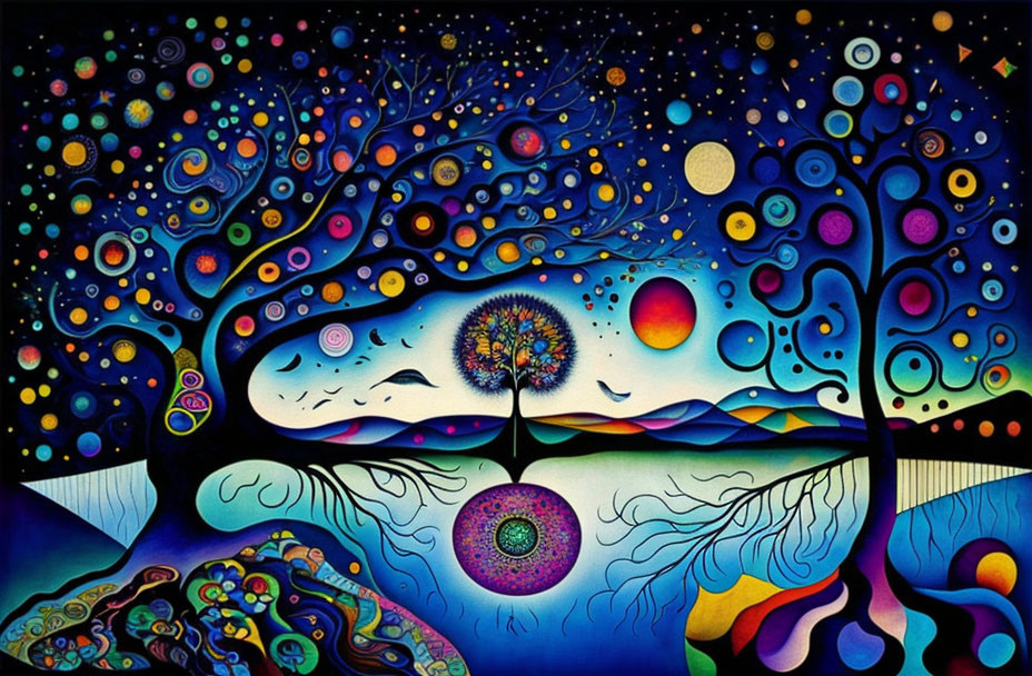 Colorful painting of whimsical trees under starry sky