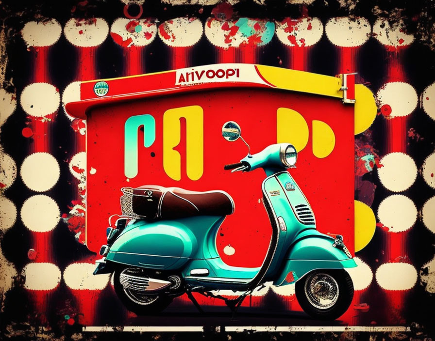 Vintage Teal Scooter on Vibrant Red Background with Hebrew Text and Retro Design Elements