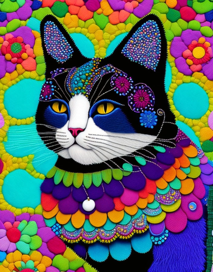 Vivid Stylized Cat Artwork with Colorful Floral Background