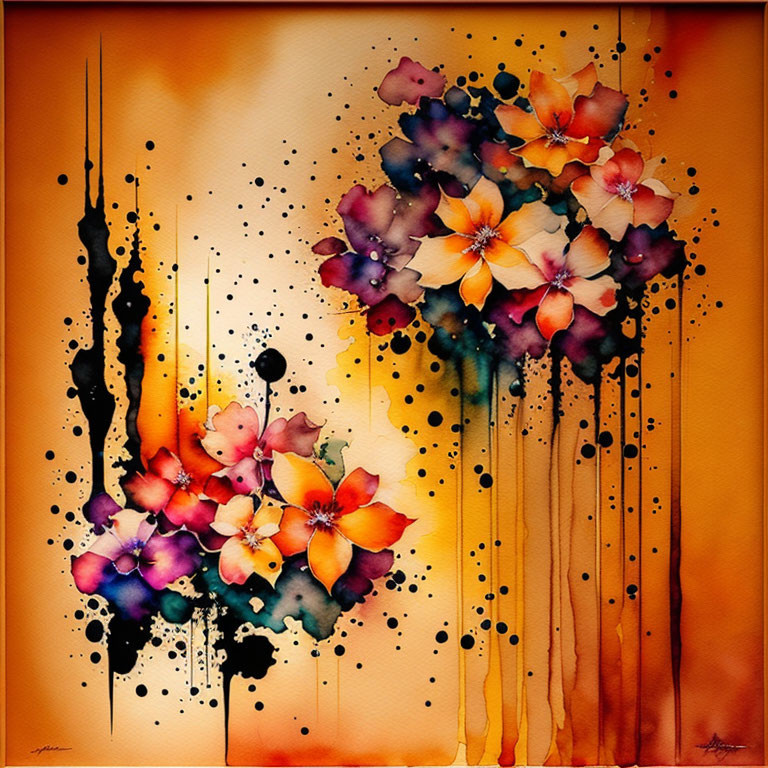 Vibrant flowers in abstract watercolor painting