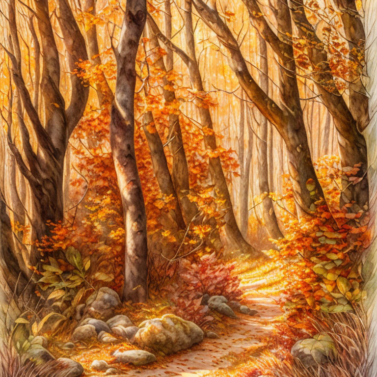 Scenic autumn forest with golden leaves and sunlit path