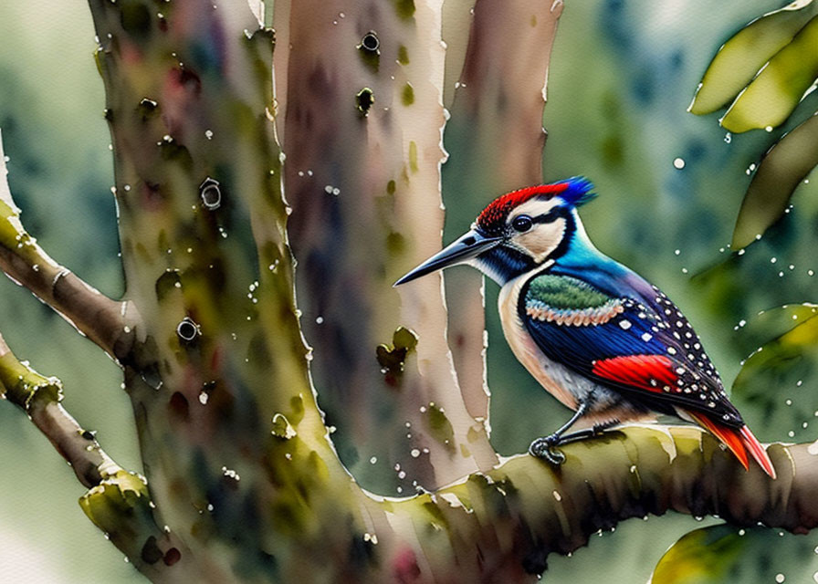 Vibrant woodpecker on tree with water droplets and green leaves