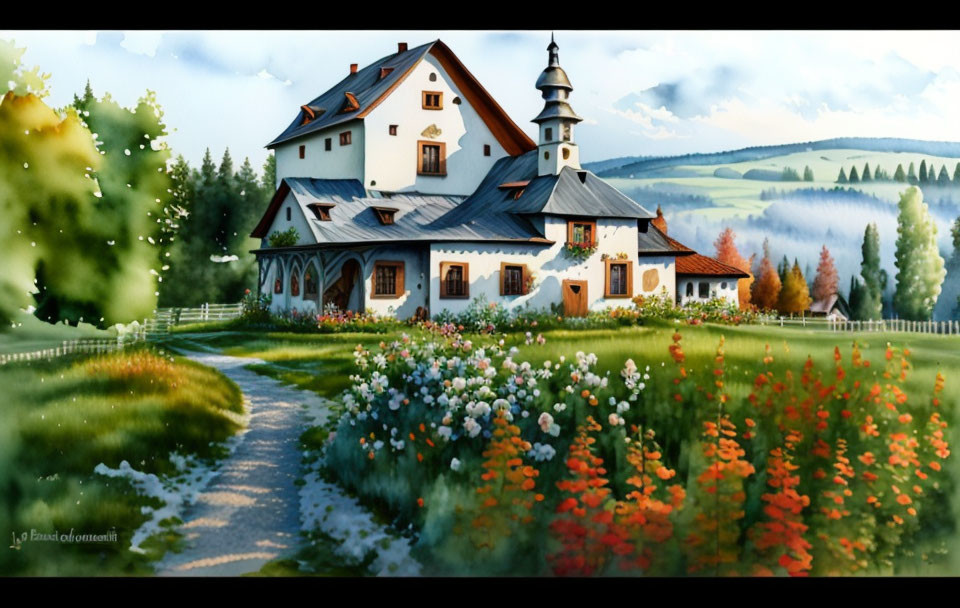 Countryside house with steeple, gardens, trees, winding path, hills, and clear