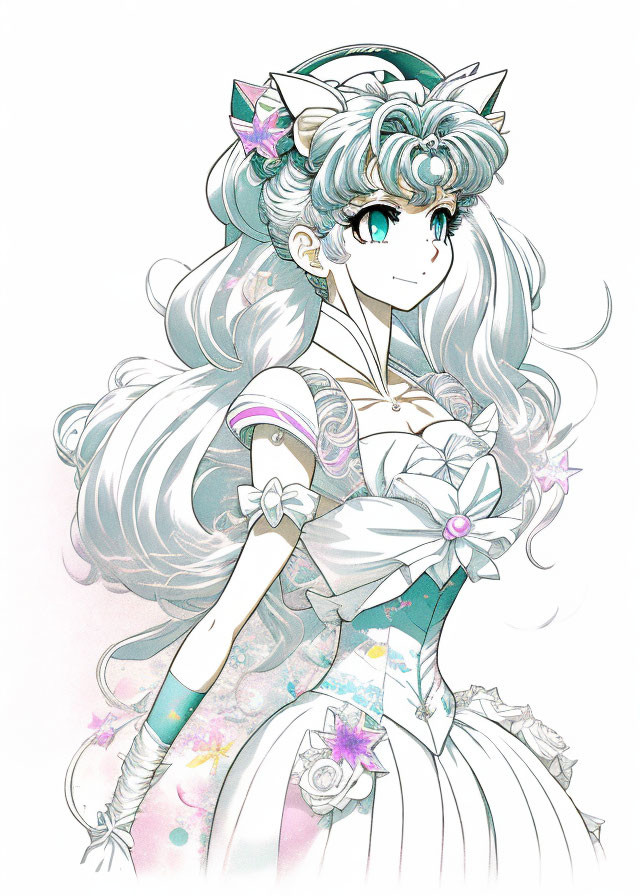 Illustrated female character with green curly hair in white dress and tiara