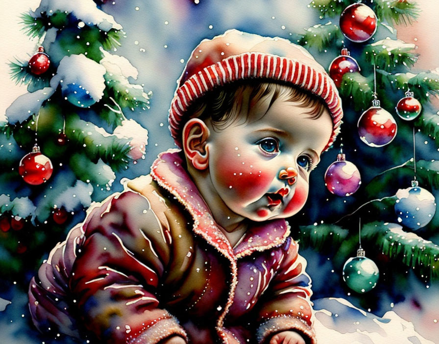 Winter-themed painting of a rosy-cheeked infant by a snowy Christmas tree