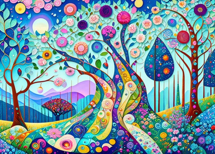 Colorful Whimsical Landscape with Trees and Starry Sky