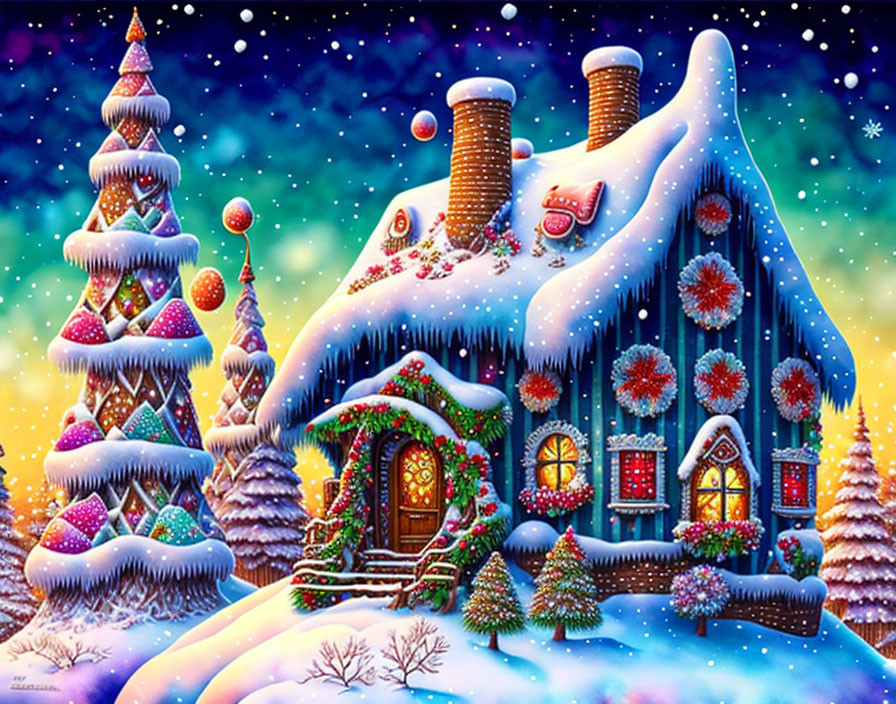 Whimsical snowy house with chimneys, adorned trees, and vibrant decorations.