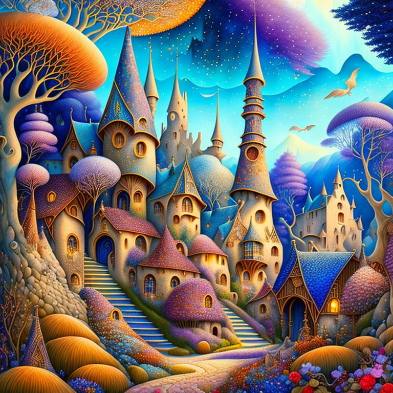 Whimsical fairy tale castle illustration with colorful trees and birds