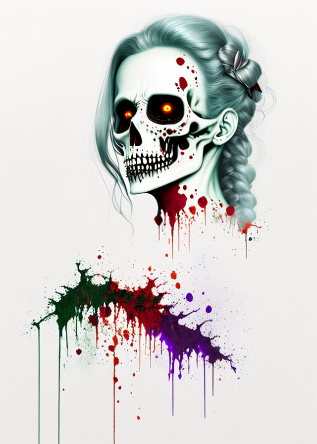 Digital artwork of skull with red glowing eye, blood splatter, human hairstyle, and ear.