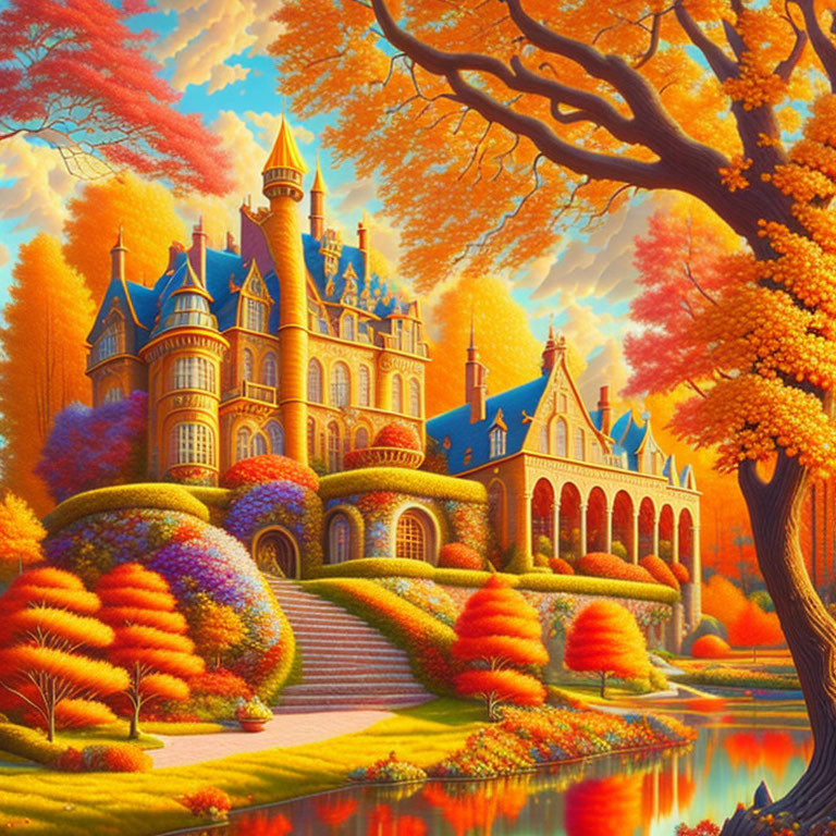 Fantasy castle surrounded by autumn trees and river reflection