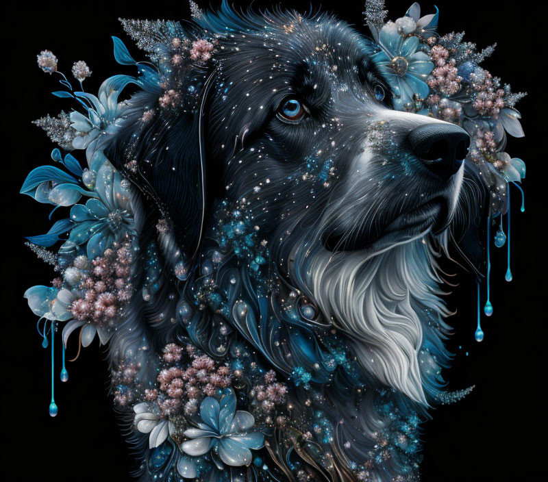 Surreal dog illustration with galaxy-themed floral arrangement