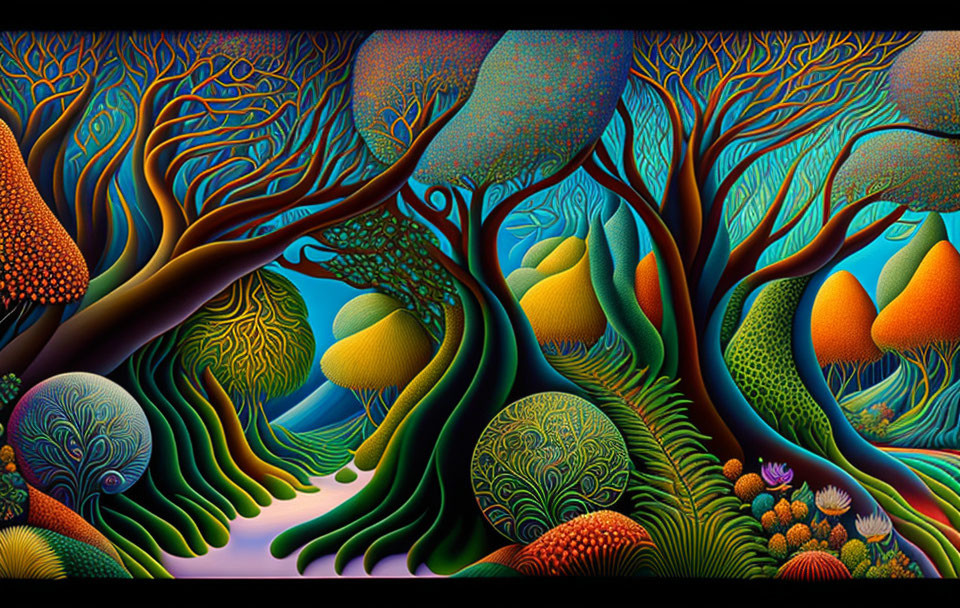 Colorful forest painting with intricate patterns and whimsical shapes