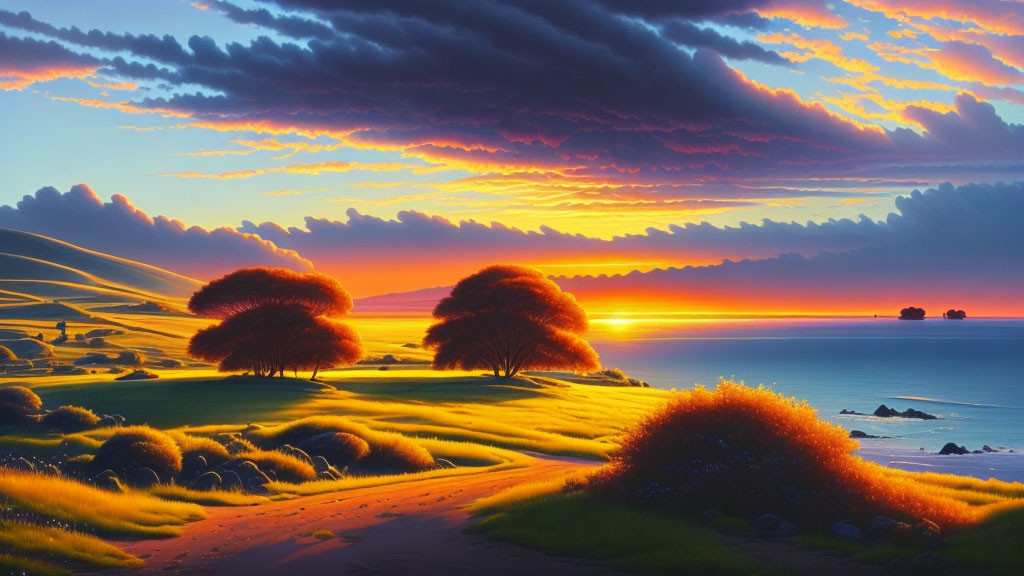 Scenic sunset over rolling hills, trees, and calm sea