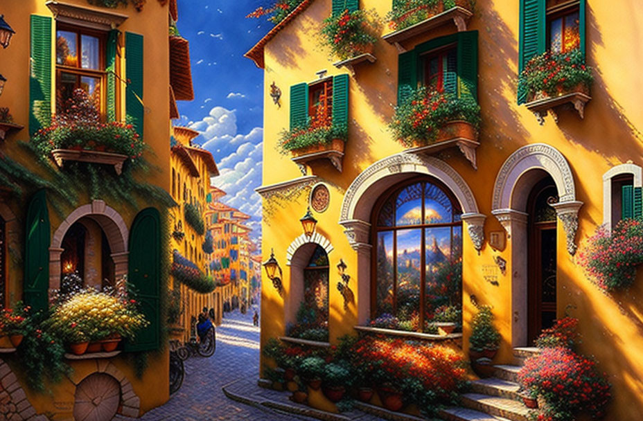 Scenic cobblestone street with yellow houses and greenery