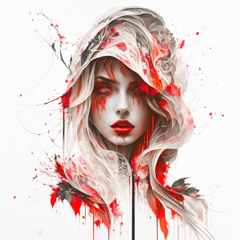 Stylized digital portrait of a woman with white and red streams, feathers, and abstract elements