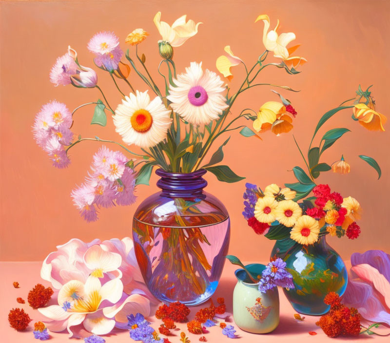 Vibrant flower still-life painting on peach background