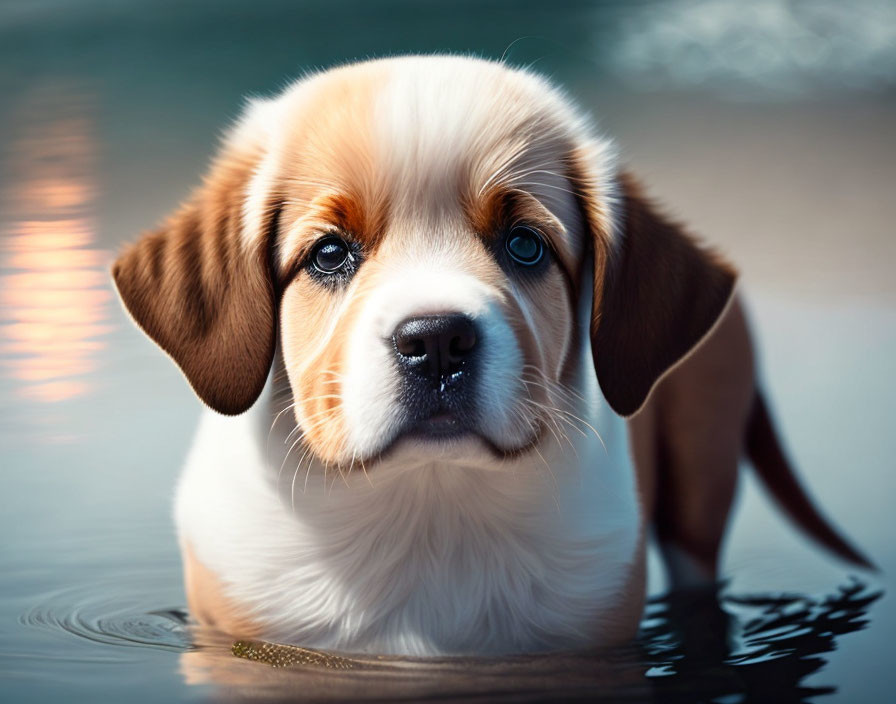 Brown and White Puppy Standing in Shallow Water with Soulful Eyes