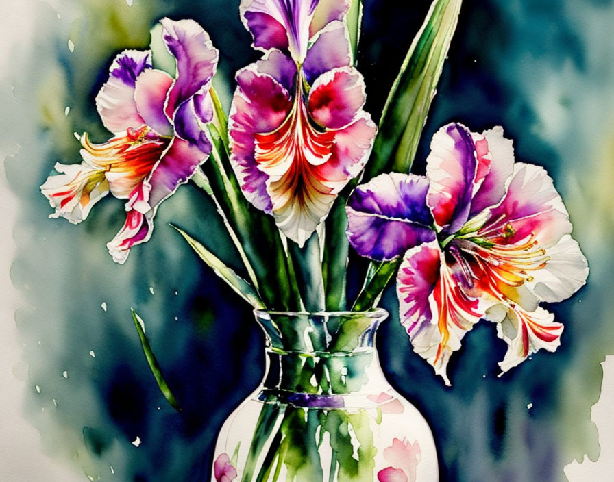 Colorful Watercolor Painting of Blooming Gladiolus Flowers