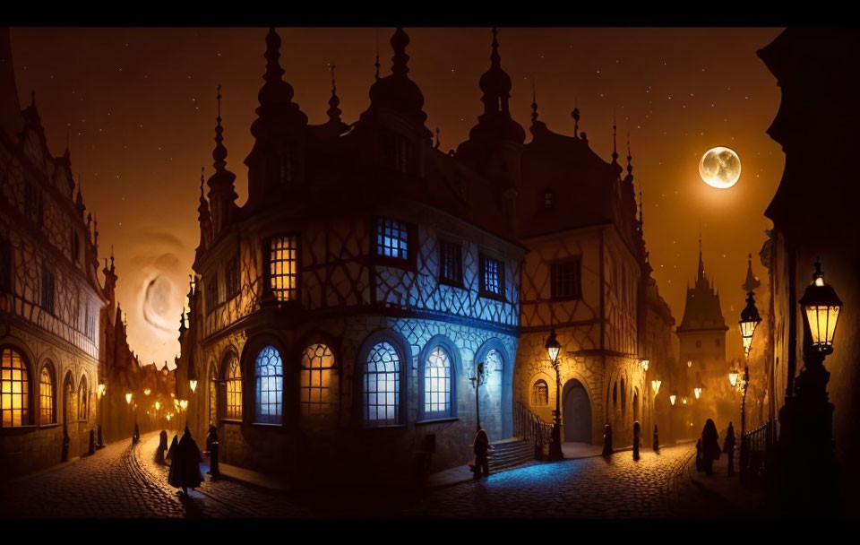 Historical cobblestone street at night with moonlit buildings and silhouetted figures.