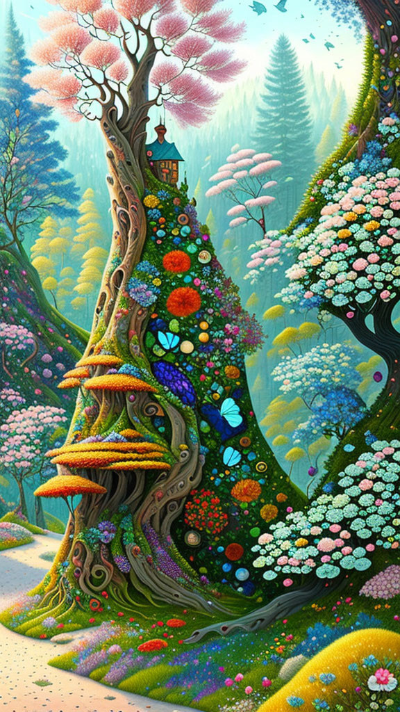 Colorful Tree in Whimsical Forest with Cozy Nook