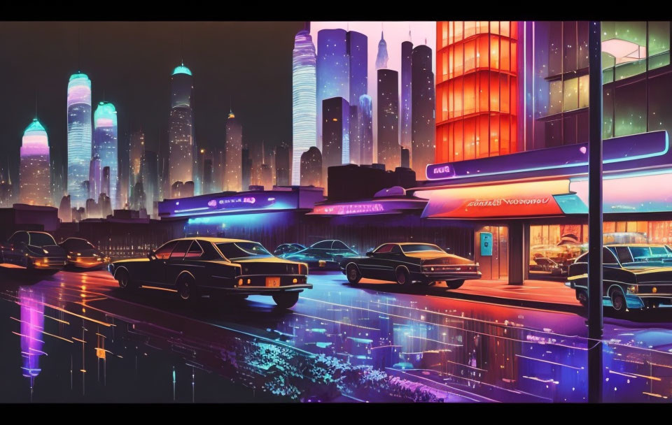 Futuristic neon-lit cityscape with vintage cars and skyscrapers