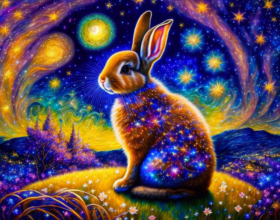 Colorful cosmic rabbit art in mystical night sky