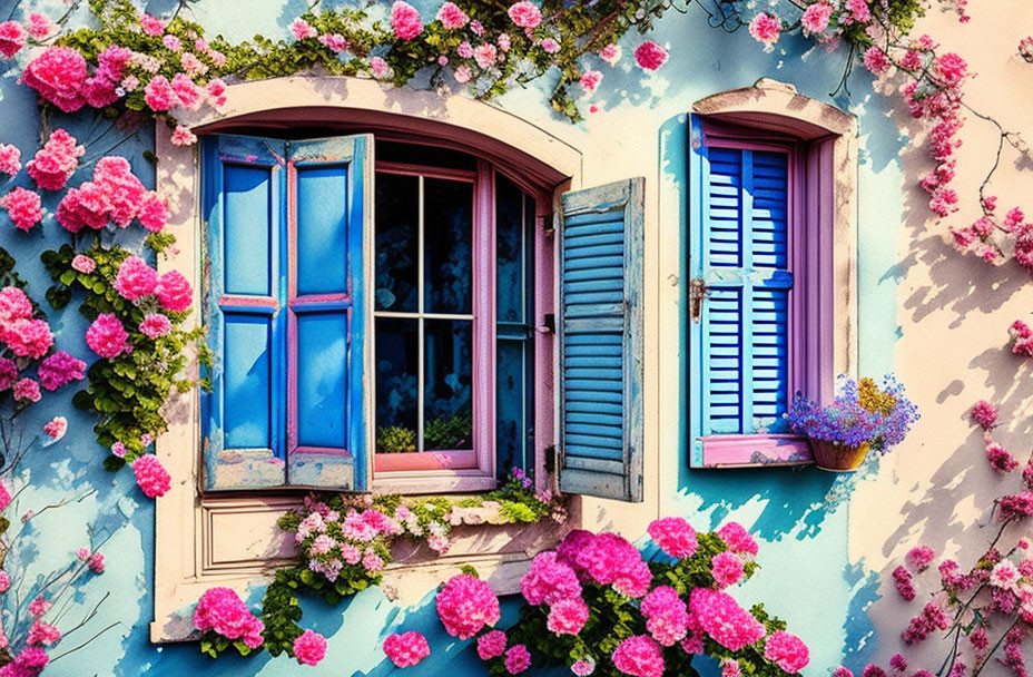 Blue and Purple Window Frame with Pink Flowers on Textured Wall