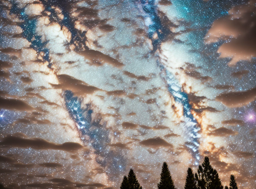 Starry night sky with Milky Way and silhouetted evergreen trees