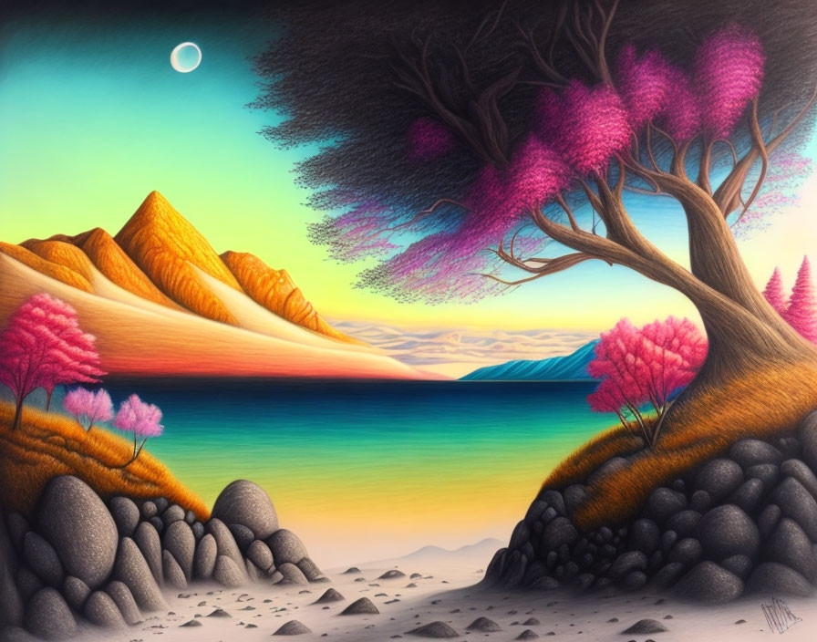 Surreal landscape with pink trees, golden hills, blue water, moon visible