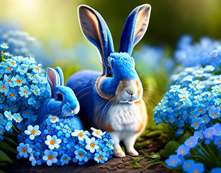 Vibrant blue rabbits in a field of blue flowers under sunlight