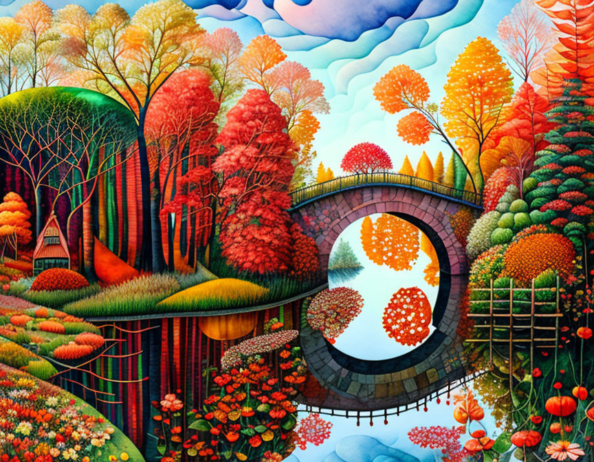 Vibrant painting of whimsical landscape with arched bridge and autumnal trees