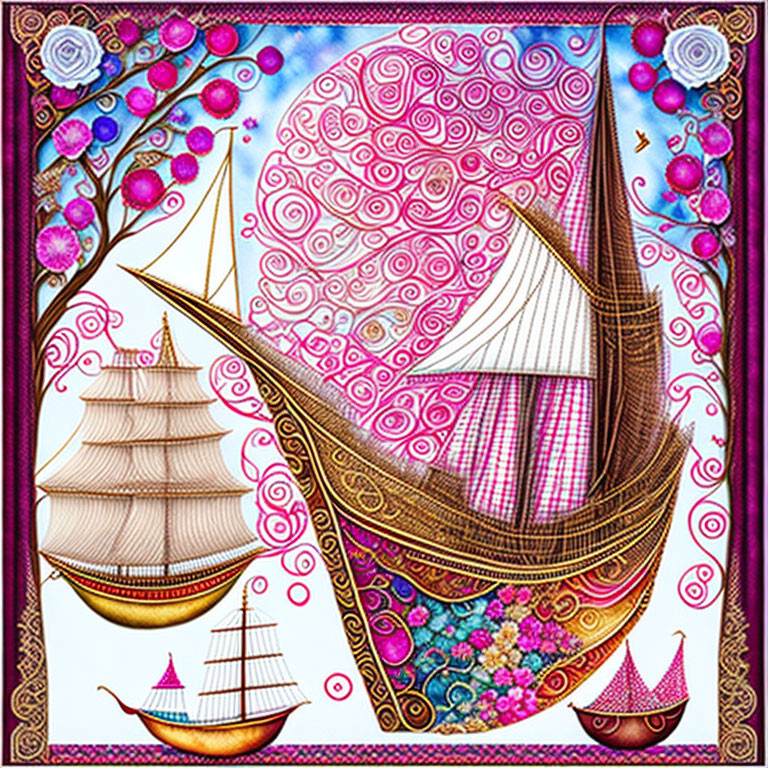 Colorful Ships Sailing on Pink Waves with Floral Border