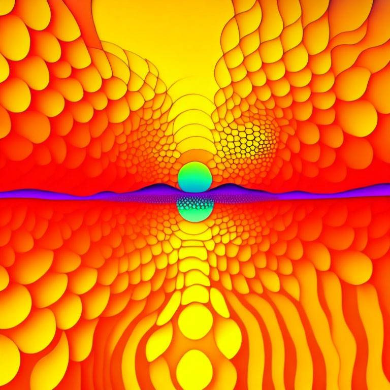 Symmetrical orange and yellow scales with blue horizon and glowing sphere