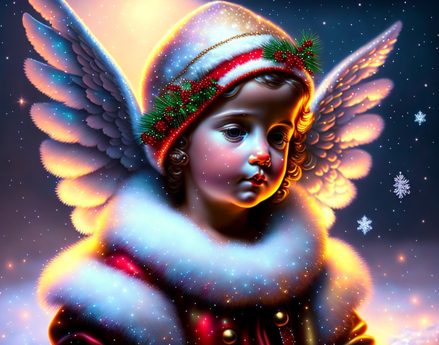 Child with angel wings and halo in festive attire on starry night background