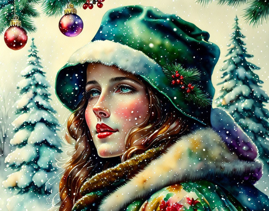 Woman in festive green hat with snowflakes, surrounded by snow-covered trees and Christmas baubles