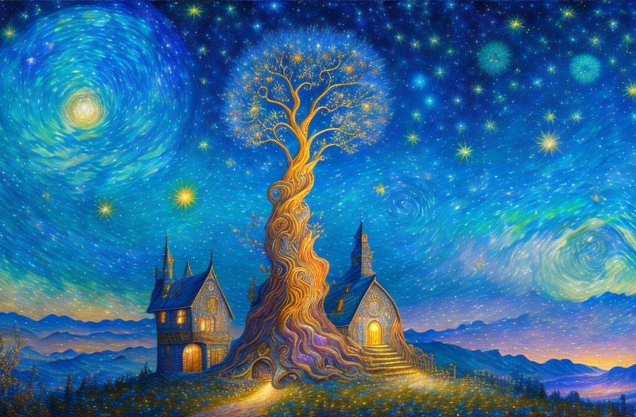 Golden tree painting with whimsical houses under starry night sky