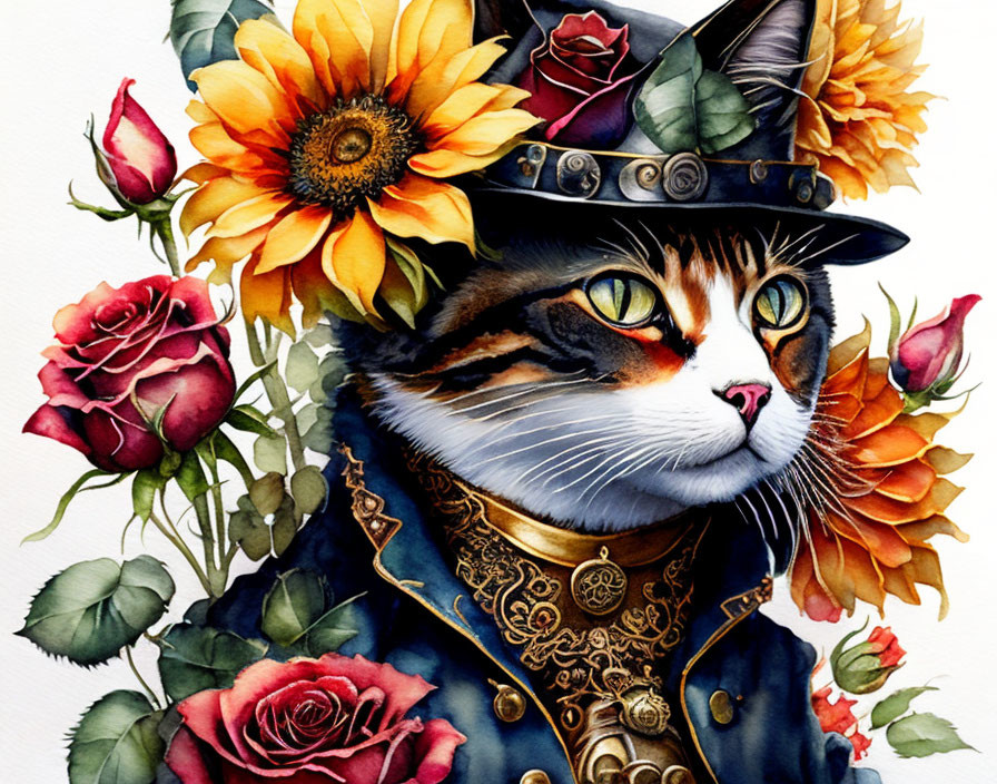 Anthropomorphic cat in Victorian attire surrounded by sunflowers and roses