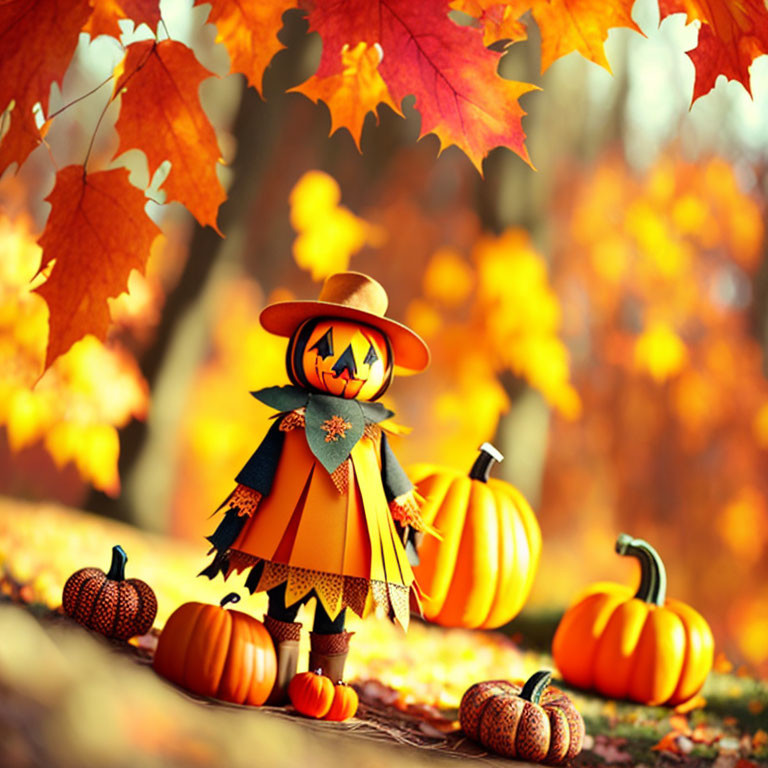 Whimsical autumn scene with pumpkin-headed figure in fall foliage