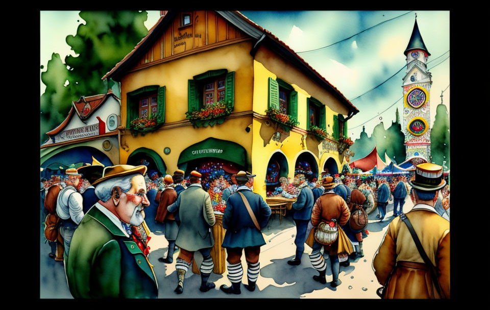 Vibrant Bavarian street scene with traditional attire and clock tower