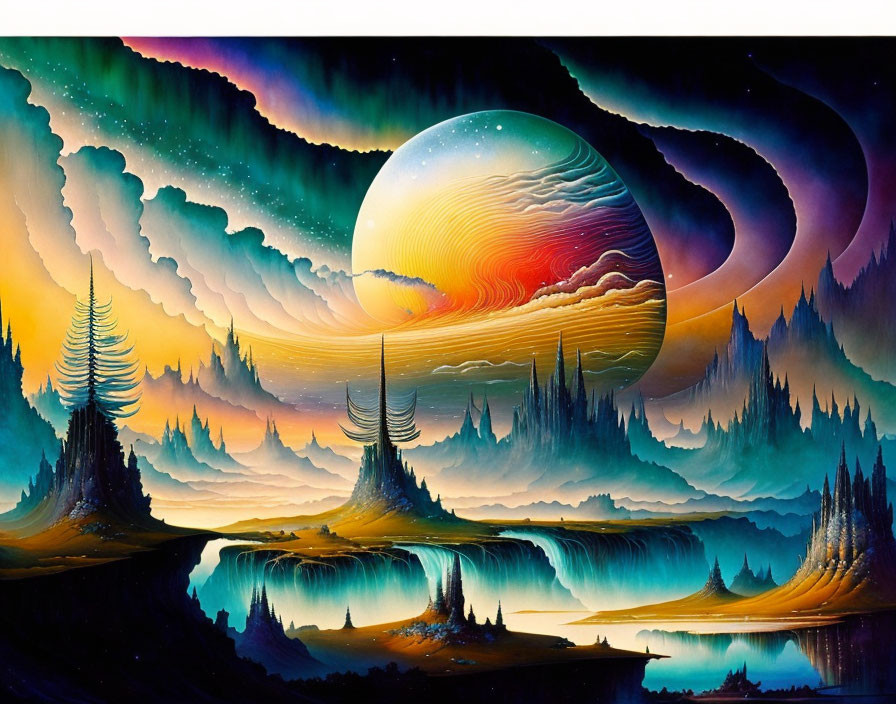 Surreal landscape with vivid skies, large planet, waterfalls, and pine trees